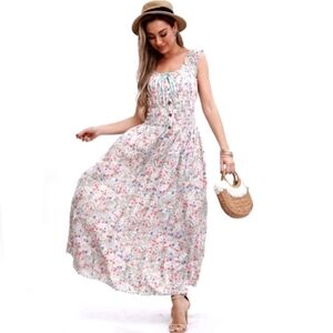 Vintage Retro Pink Blue Ditsy Floral Tiered Prairie Dress Flowers Long Boho Maxi